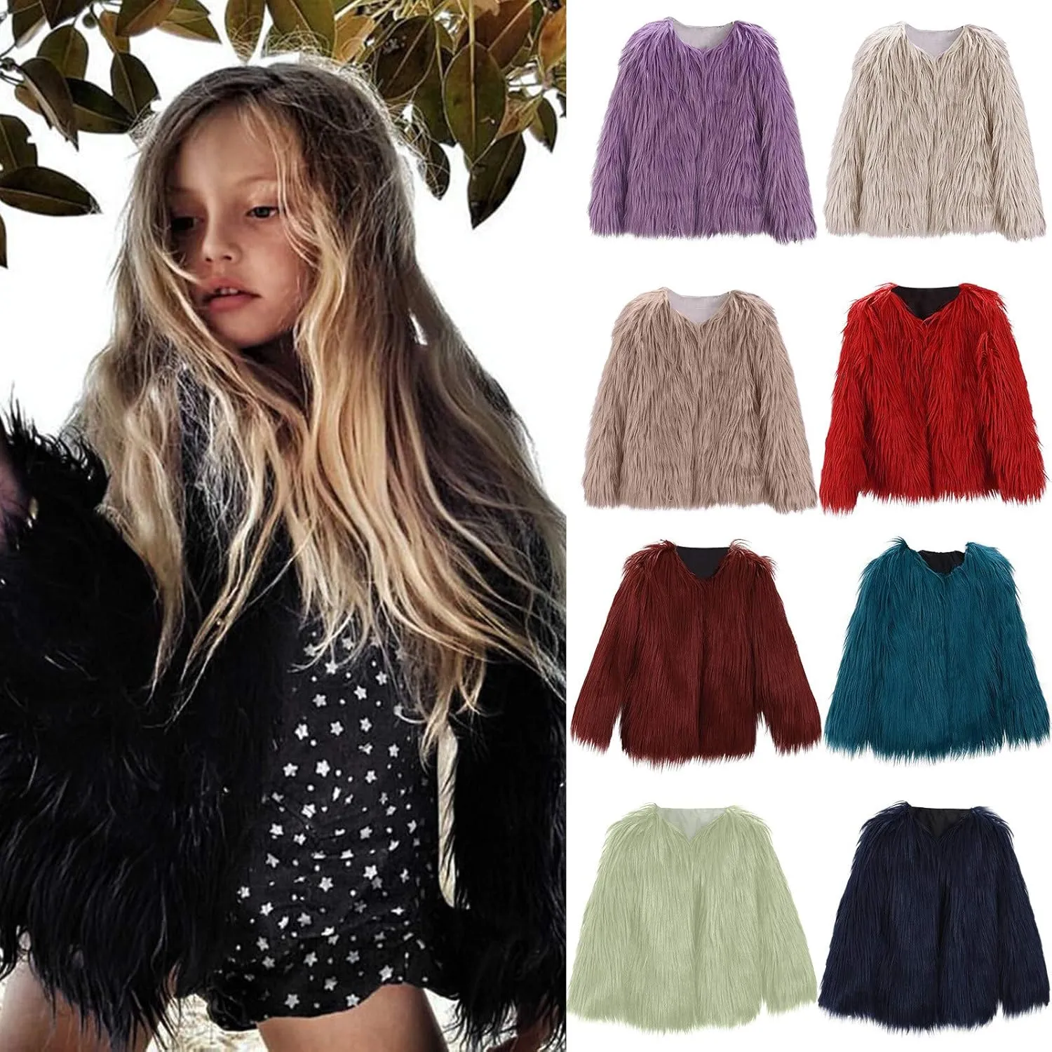 2 to 10 Years Kids Baby Girls Long Sleeve Furry Coat Faux  Coat Jacket Winter Thick Warm Fleece Coat Outwear