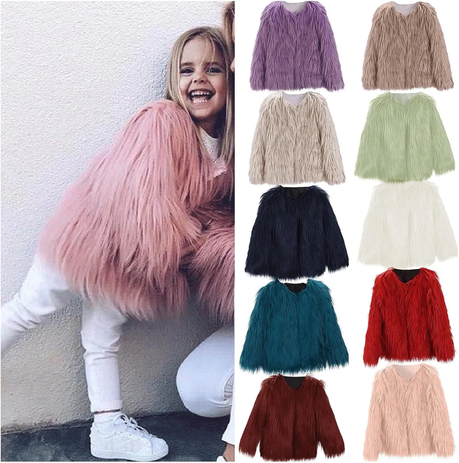 2 to 10 Years Kids Baby Girls Long Sleeve Furry Coat Faux  Coat Jacket Winter Thick Warm Fleece Coat Outwear