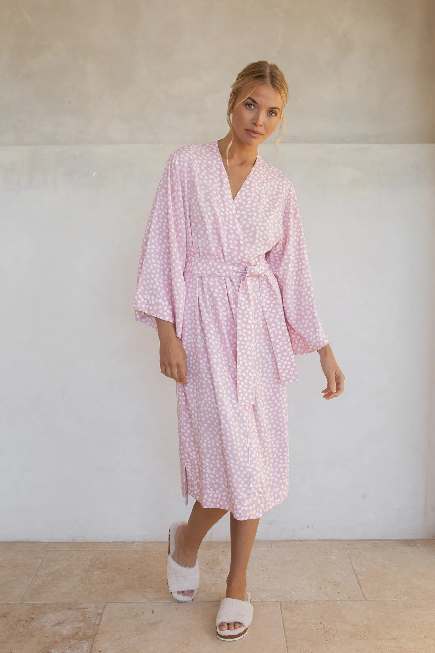 Alice Midi Kimono Robe - Reverse Dot Pink