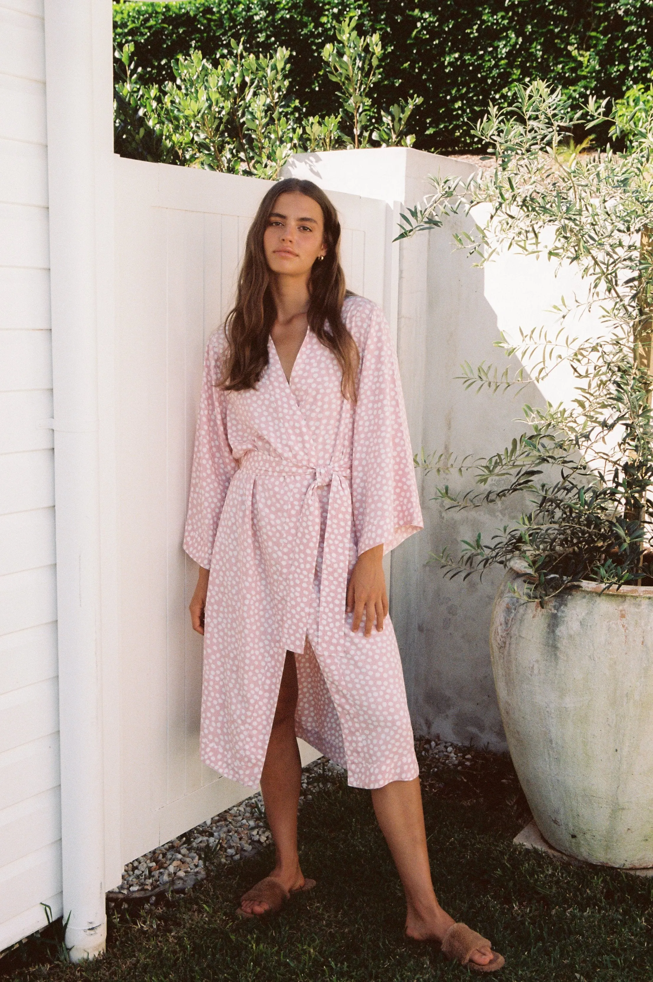 Alice Midi Kimono Robe - Reverse Dot Pink