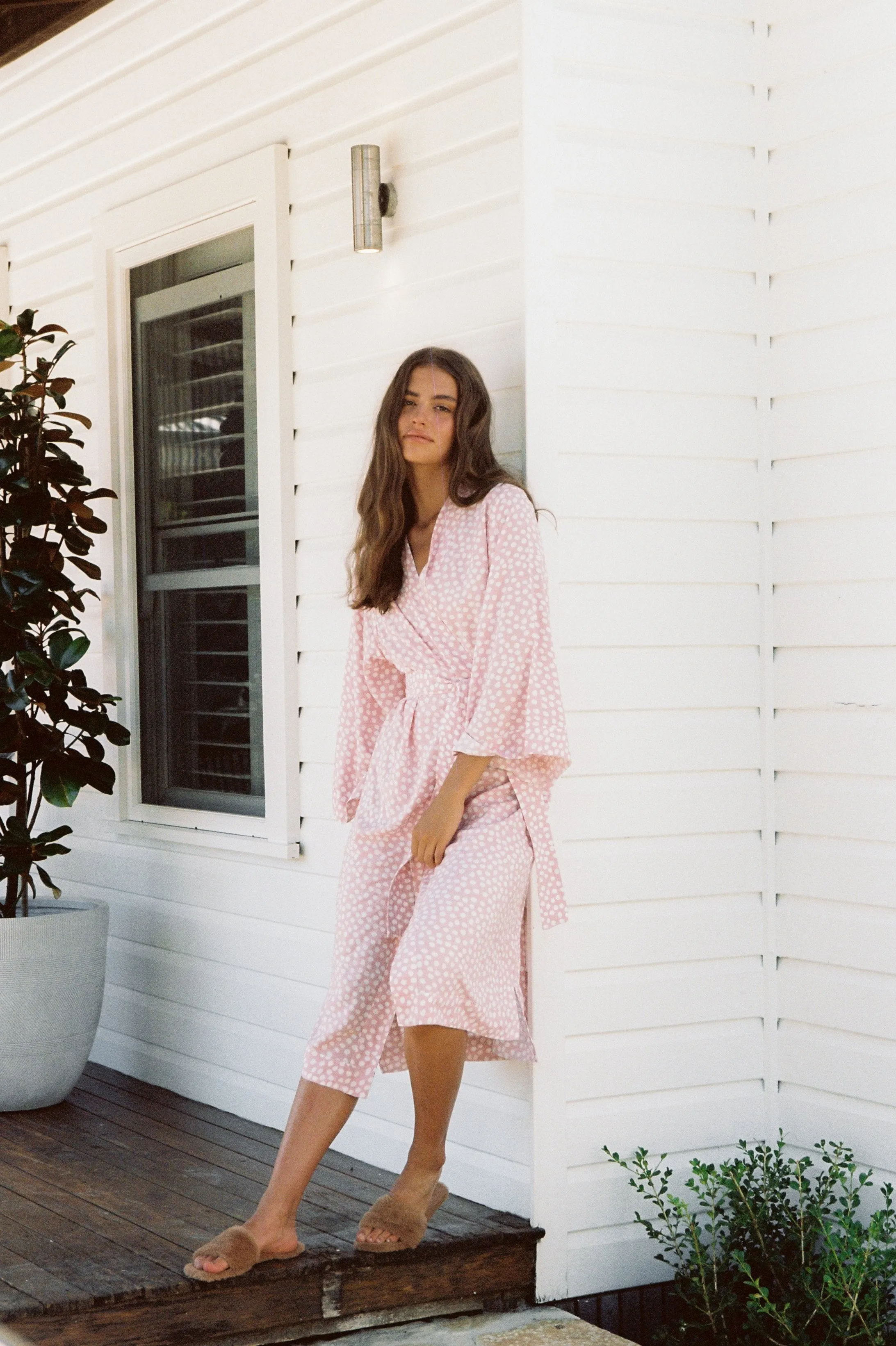 Alice Midi Kimono Robe - Reverse Dot Pink