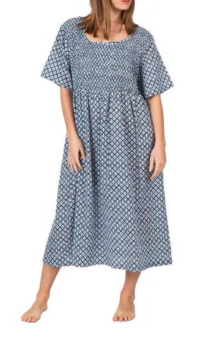 Arabella Angelina 100% Cotton Nightgown with Short Sleeve in Navy and White Print MD-83X