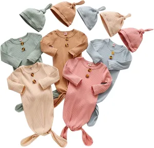 BASKOPA Baby Knotted Sleeper Gown Unisex Boys Girls Sleepsuits with Mitten Cuffs and Matching Hat Baby Coming Home Outfit