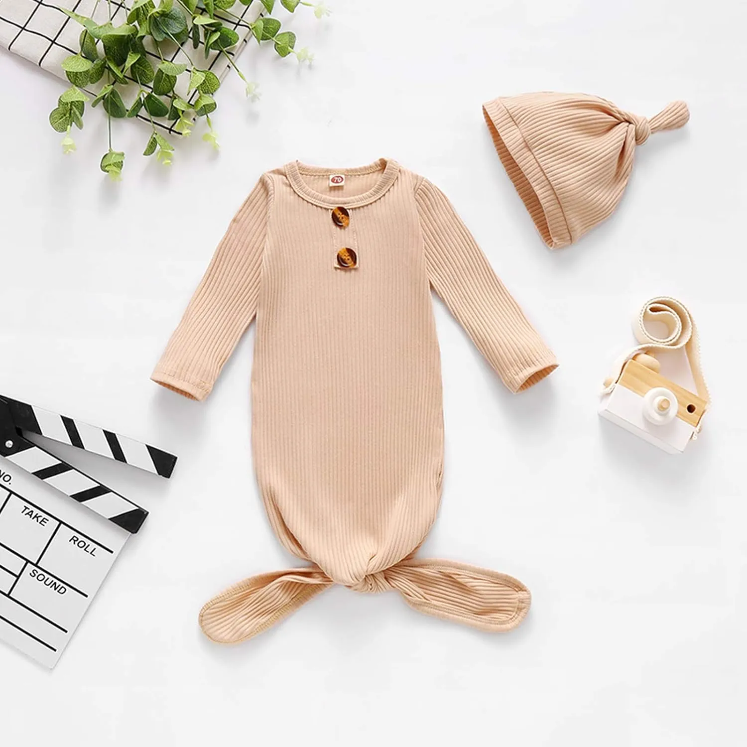 BASKOPA Baby Knotted Sleeper Gown Unisex Boys Girls Sleepsuits with Mitten Cuffs and Matching Hat Baby Coming Home Outfit