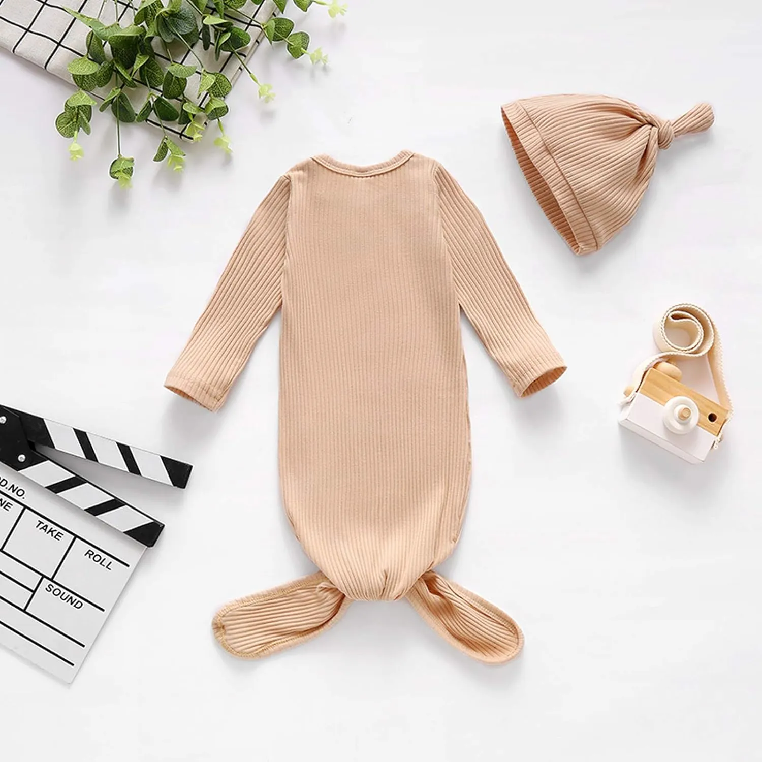 BASKOPA Baby Knotted Sleeper Gown Unisex Boys Girls Sleepsuits with Mitten Cuffs and Matching Hat Baby Coming Home Outfit