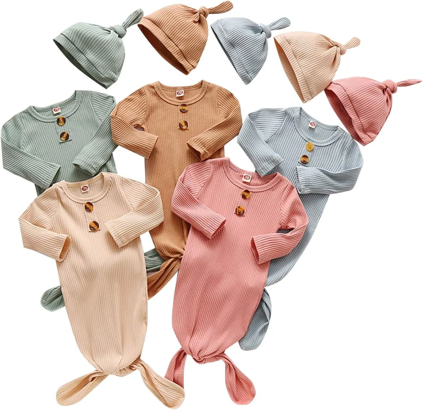BASKOPA Baby Knotted Sleeper Gown Unisex Boys Girls Sleepsuits with Mitten Cuffs and Matching Hat Baby Coming Home Outfit