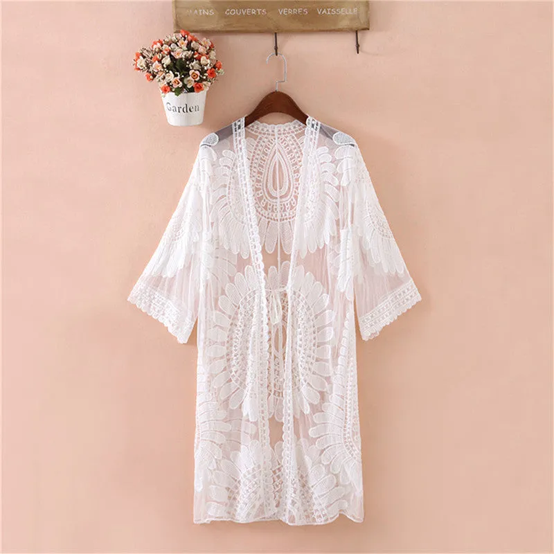 Beach Cover Up Floral Embroidery Bikini Cover Up Swimwear Women Robe De Plage Beach Cardigan Bathing Suit