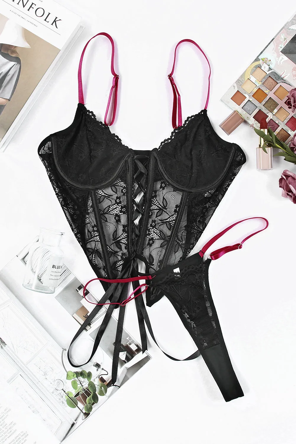 Black 2Pcs Lace-Up Bra And Thong Lingerie Set