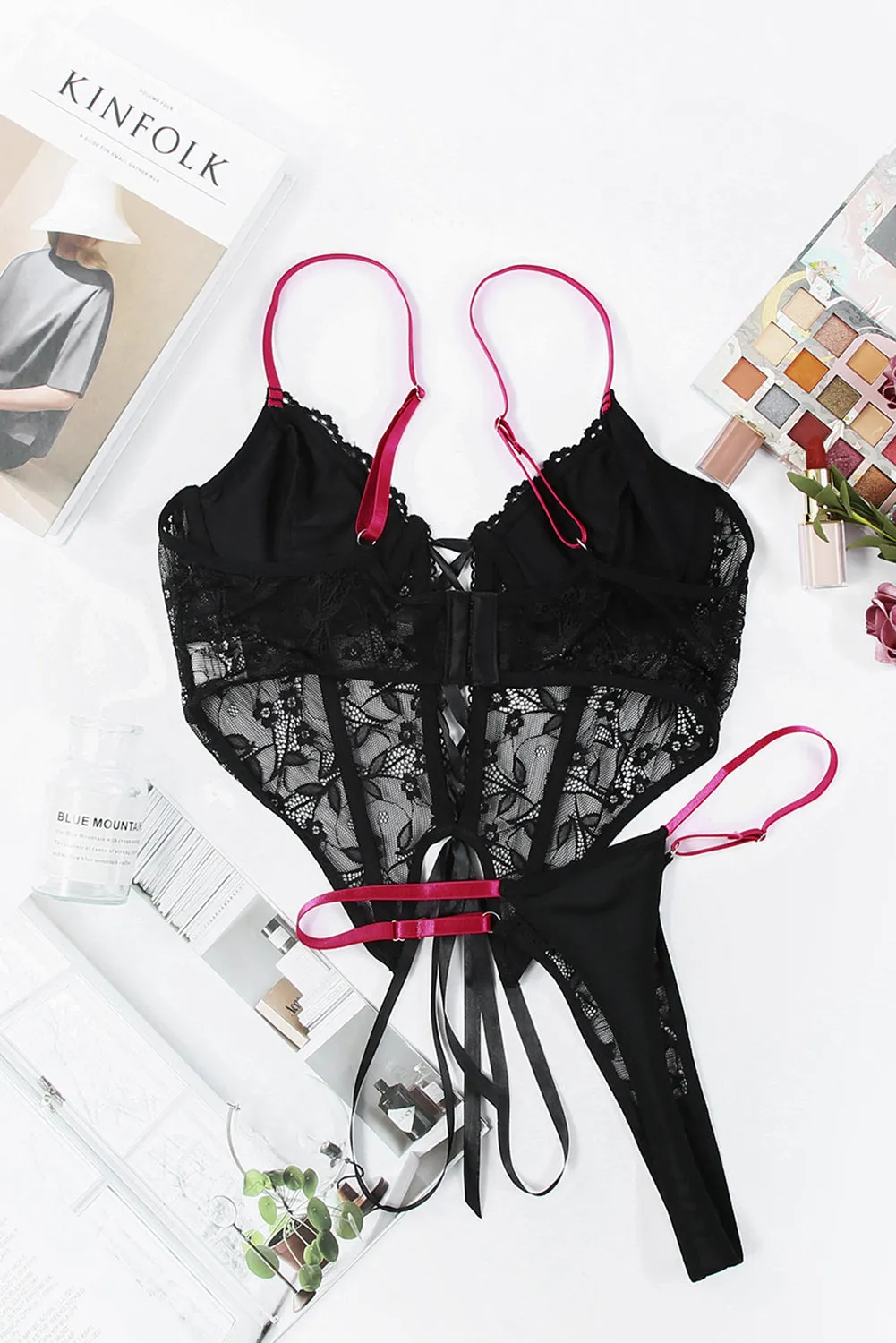 Black 2Pcs Lace-Up Bra And Thong Lingerie Set