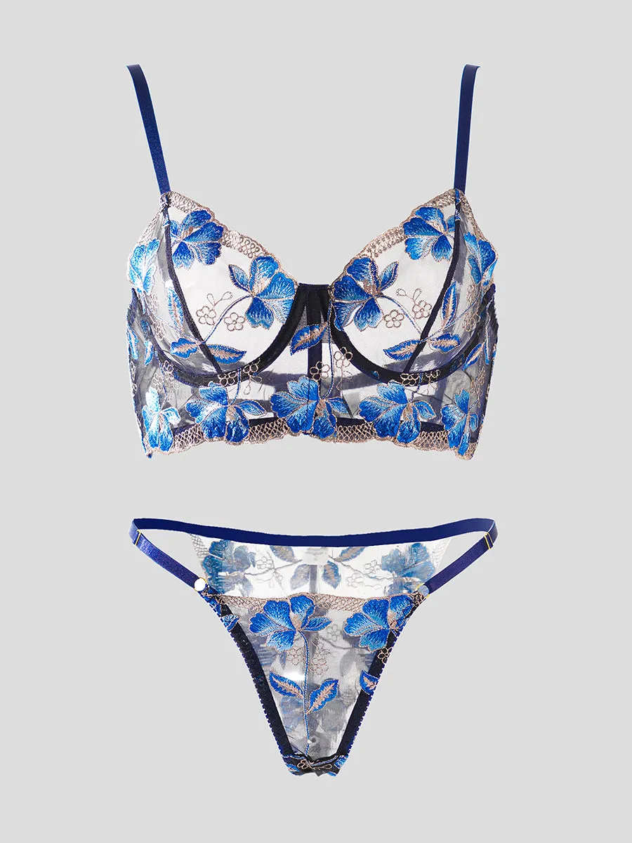 Blue Floral Embroidery Widen Side Lingerie Set
