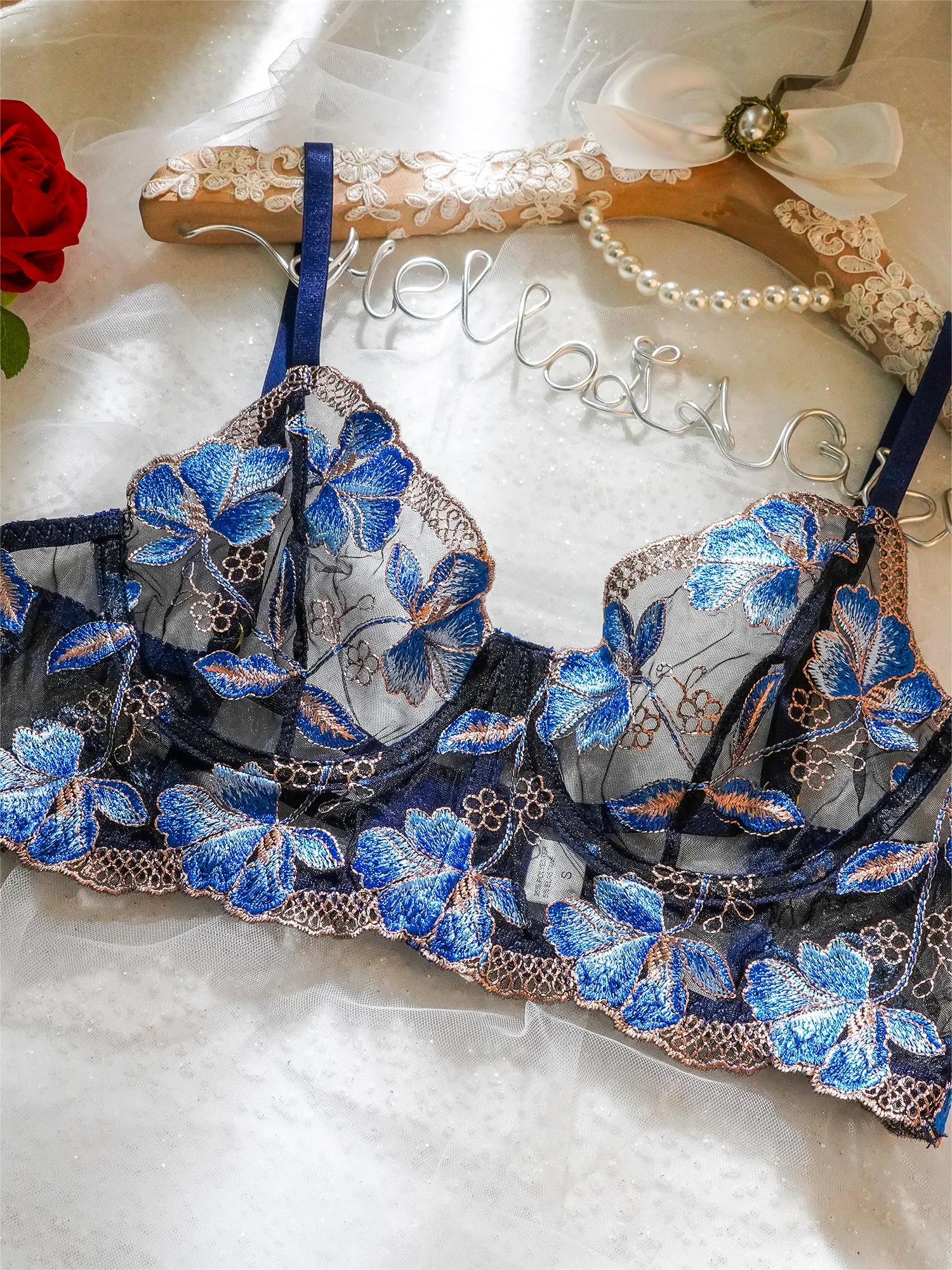 Blue Floral Embroidery Widen Side Lingerie Set