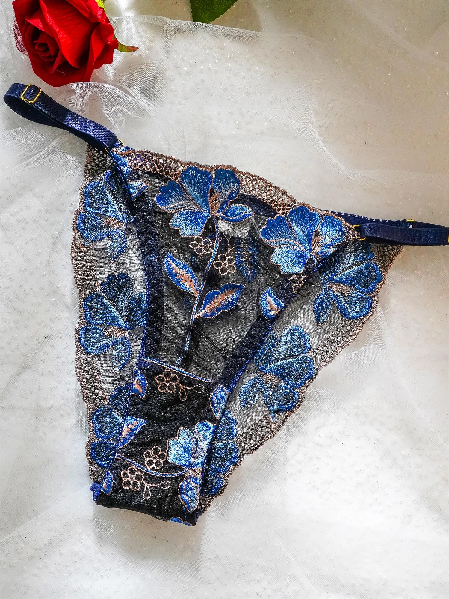 Blue Floral Embroidery Widen Side Lingerie Set