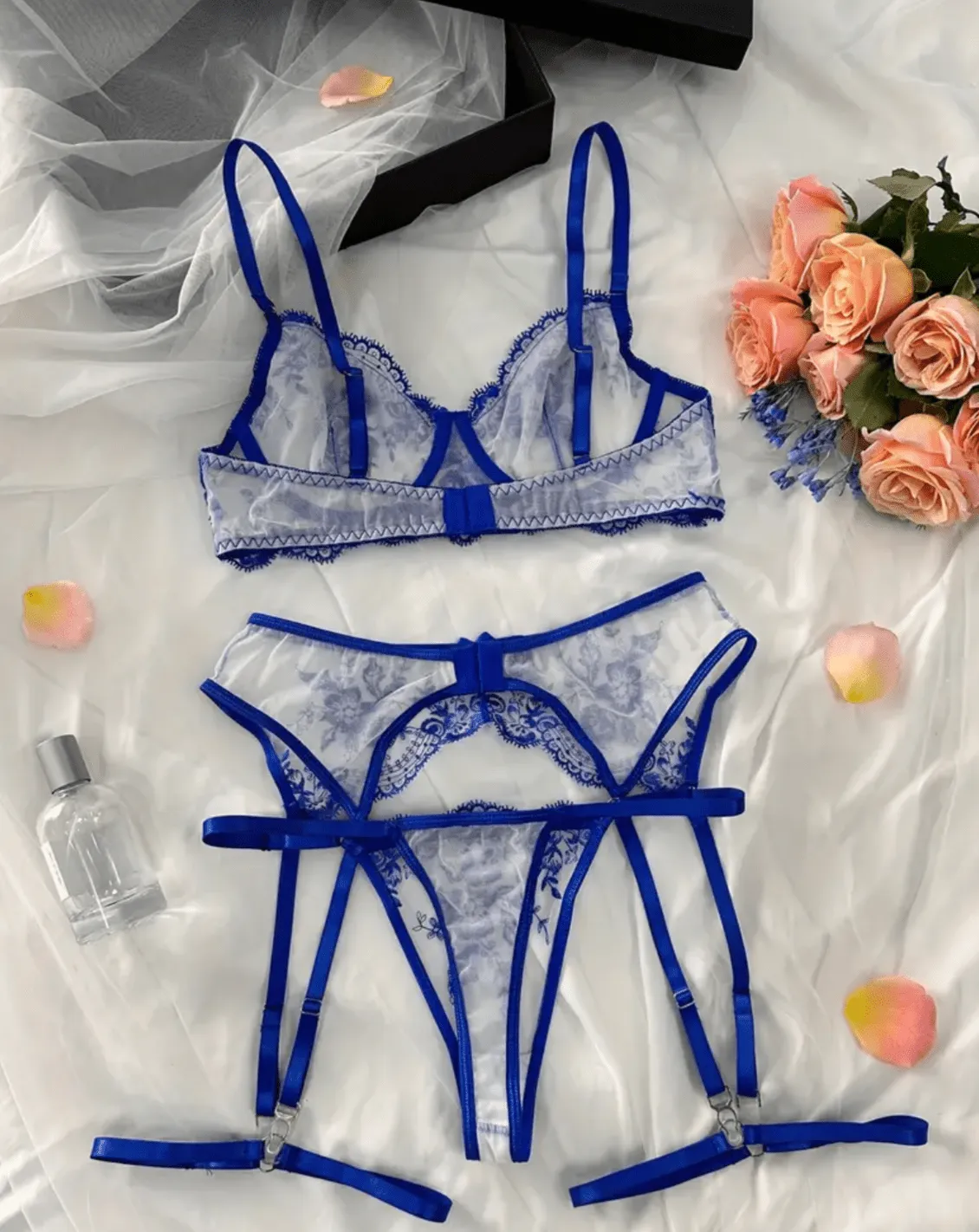 Blue Lace Lingerie Set Garter