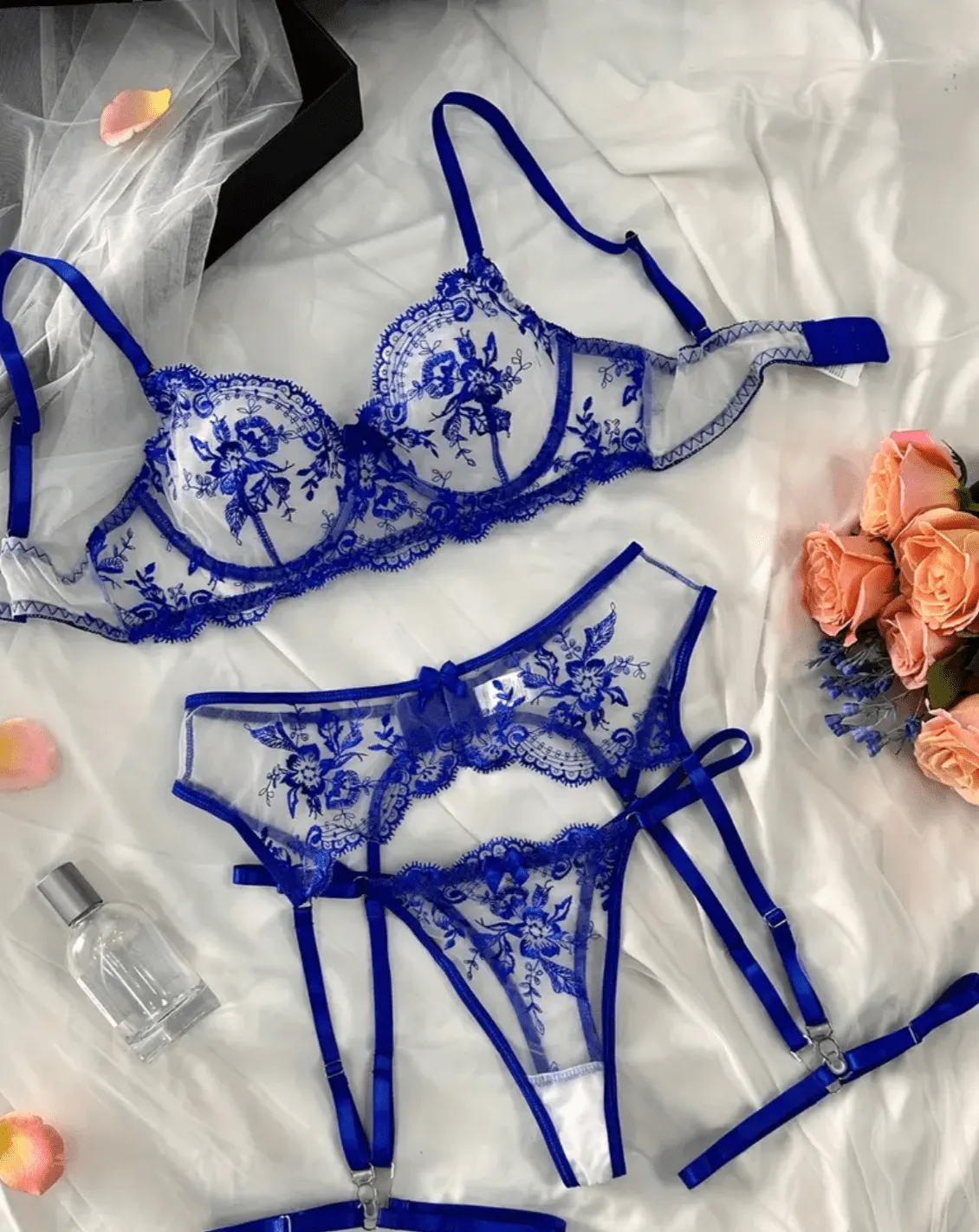 Blue Lace Lingerie Set Garter