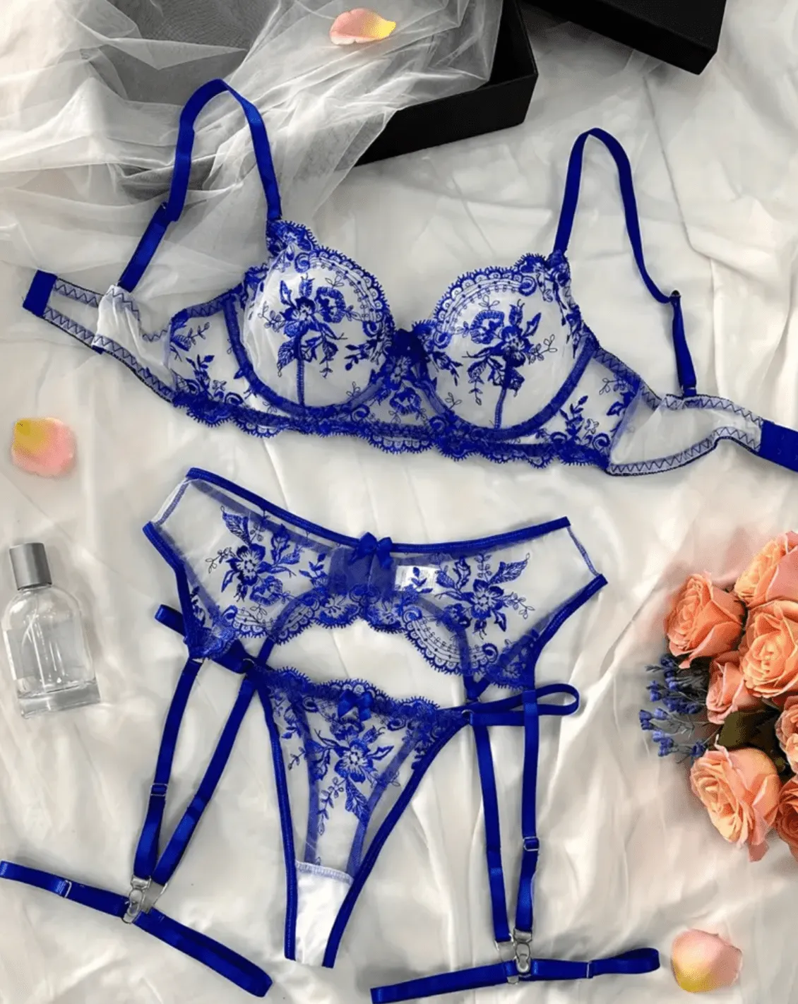 Blue Lace Lingerie Set Garter