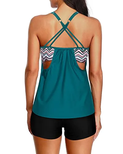 Boy Shorts Tummy Control Bathing Suit Casual Tankini Set-Teal