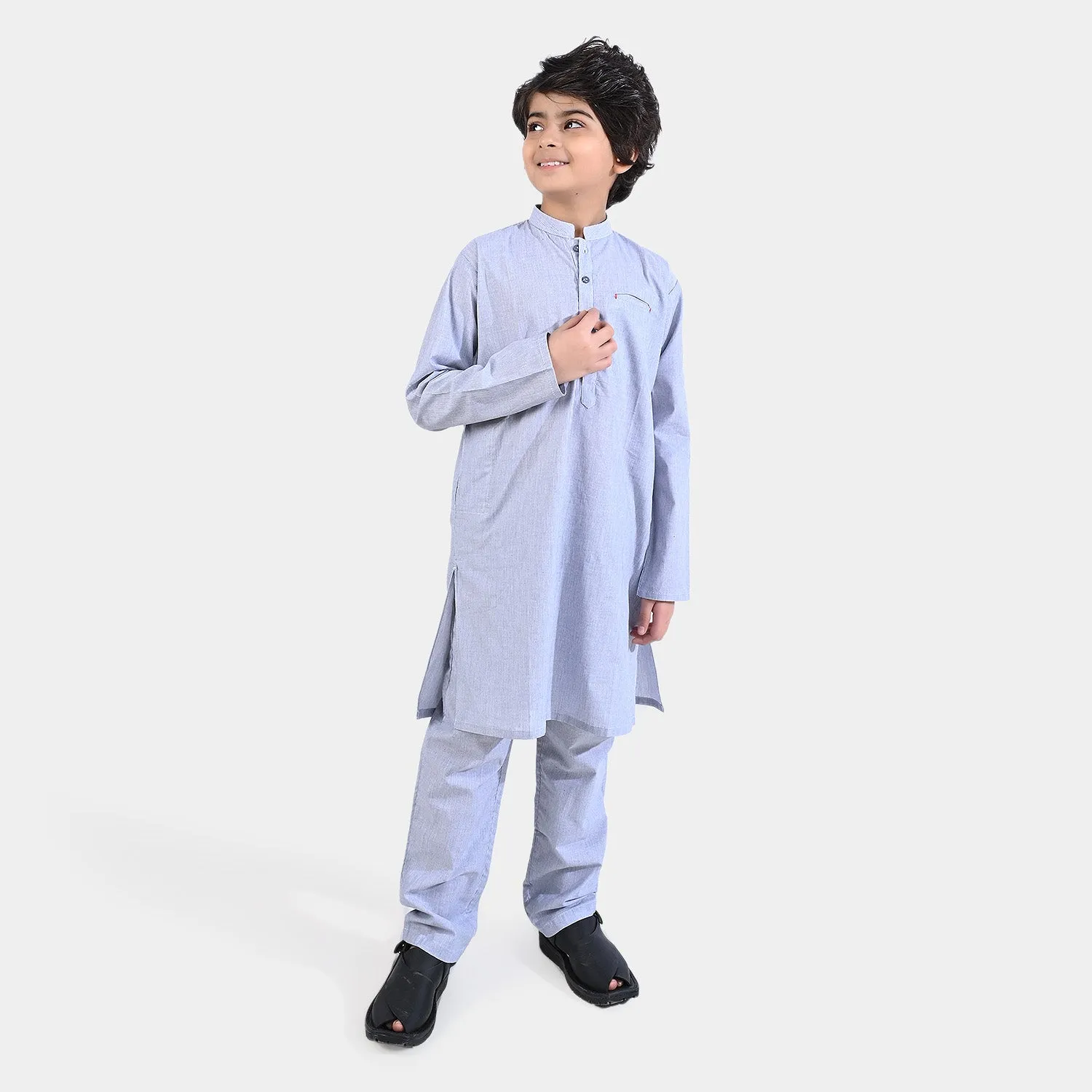 Boys Yarn Dyed Kurta Shalwar Suit -L/GREY