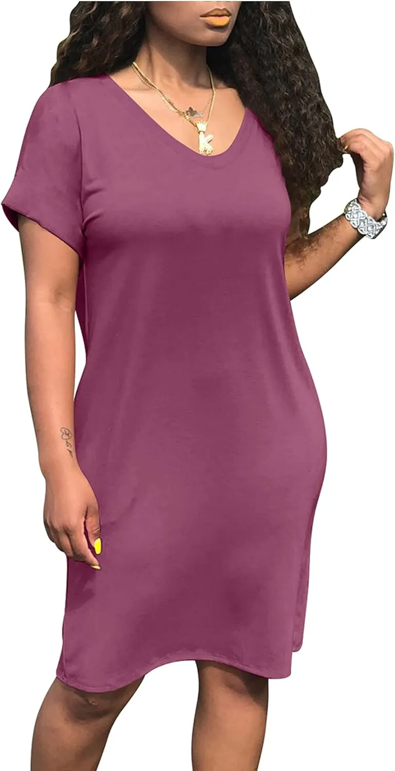 cailami Women's Summer V Neck Short Sleeve Midi Tshirt Dresses Casual Tunic Dress with Pockets