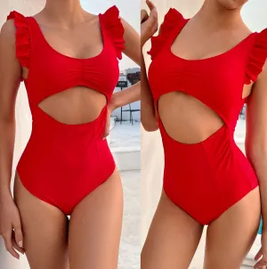 cap sleeve hollow cut monokini solid color ruffle one piece cut out swimsuit swimwear sexy bikini