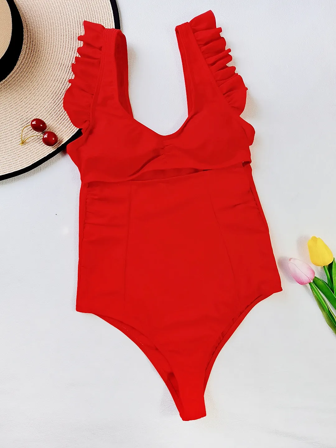 cap sleeve hollow cut monokini solid color ruffle one piece cut out swimsuit swimwear sexy bikini