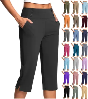 Capri Pants for Women High Waist Elastic Workout Yoga Pant Tummy Control Leggings Lightweight Pockets Cropped Trousers