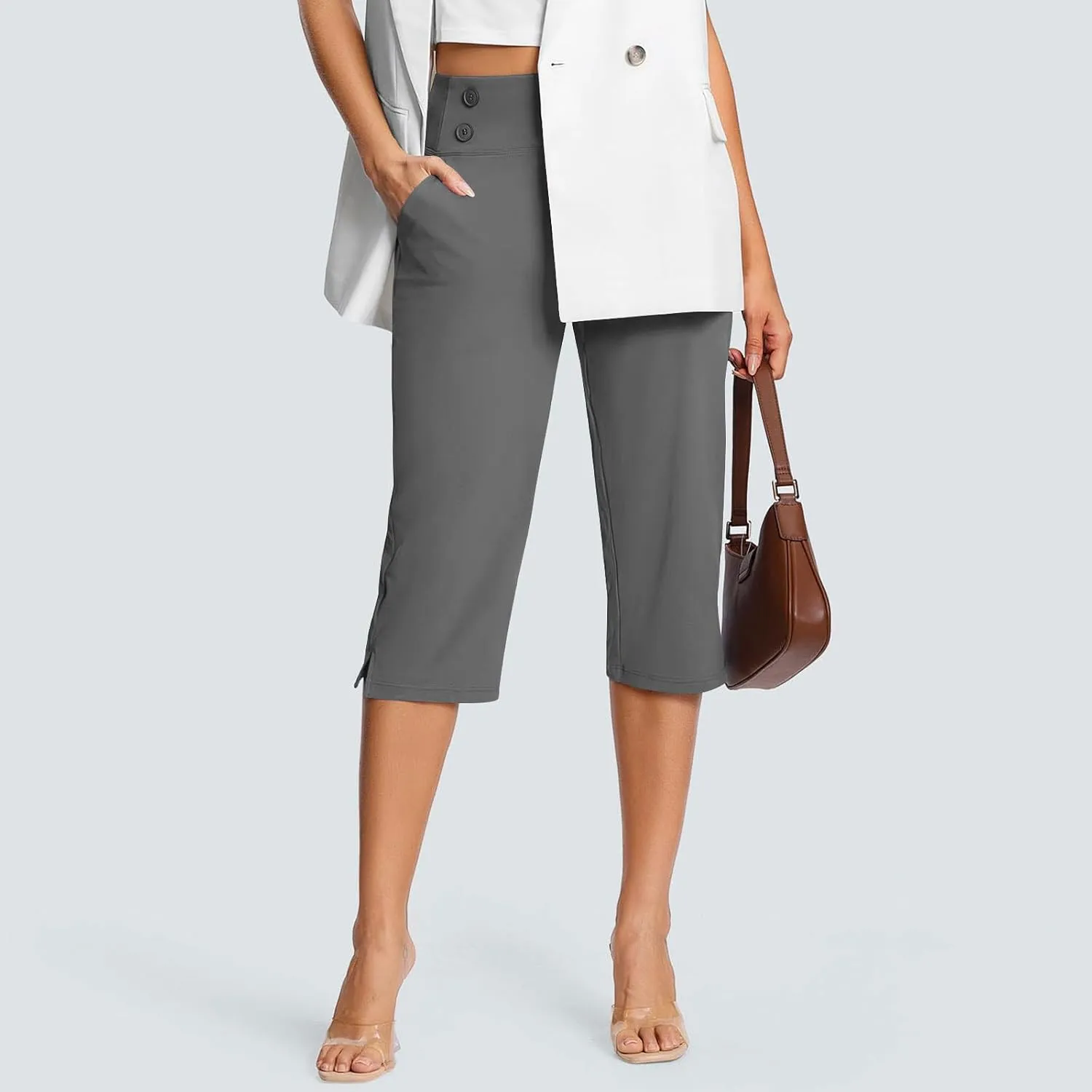 Capri Pants for Women High Waist Elastic Workout Yoga Pant Tummy Control Leggings Lightweight Pockets Cropped Trousers