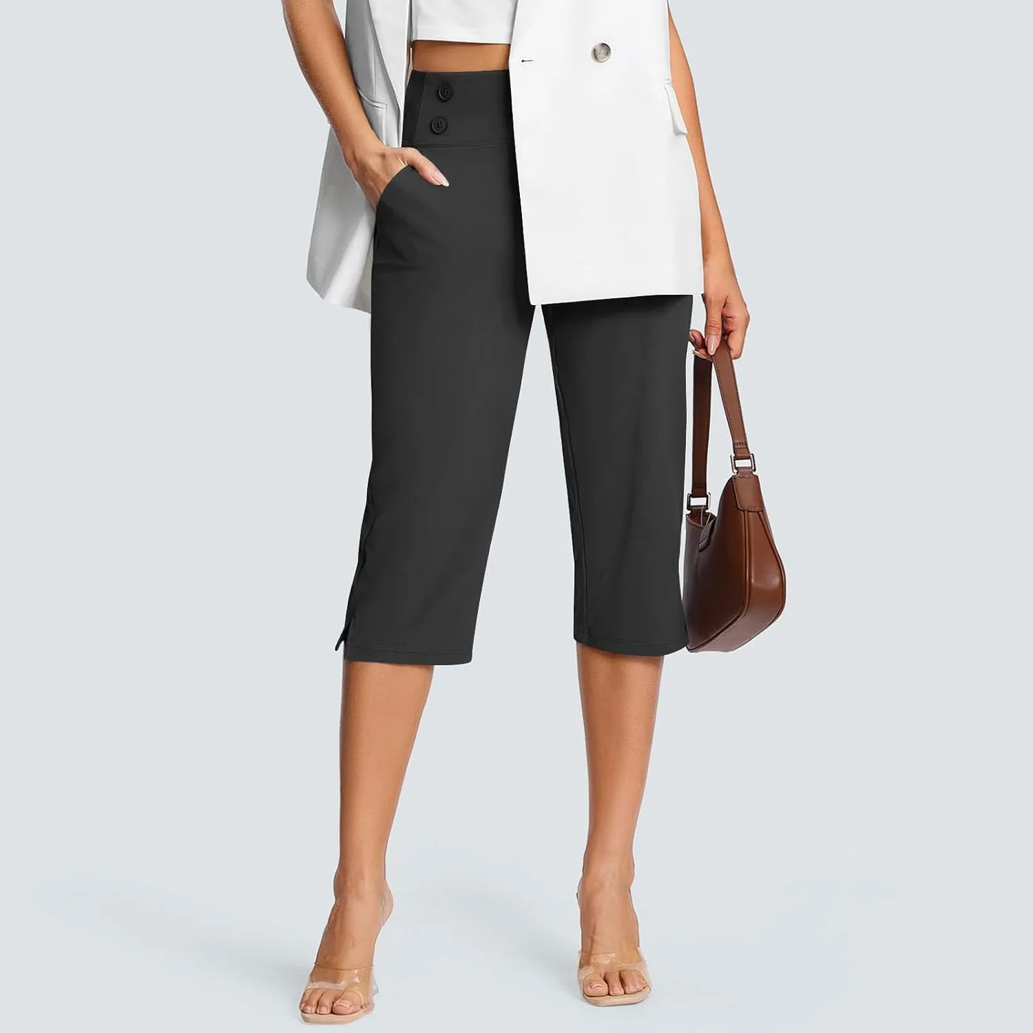 Capri Pants for Women High Waist Elastic Workout Yoga Pant Tummy Control Leggings Lightweight Pockets Cropped Trousers