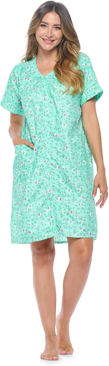 Casual Nights Women's Snap - Front House Dress Short Sleeve Woven Housecoat Duster Lounger Robe with Pockets