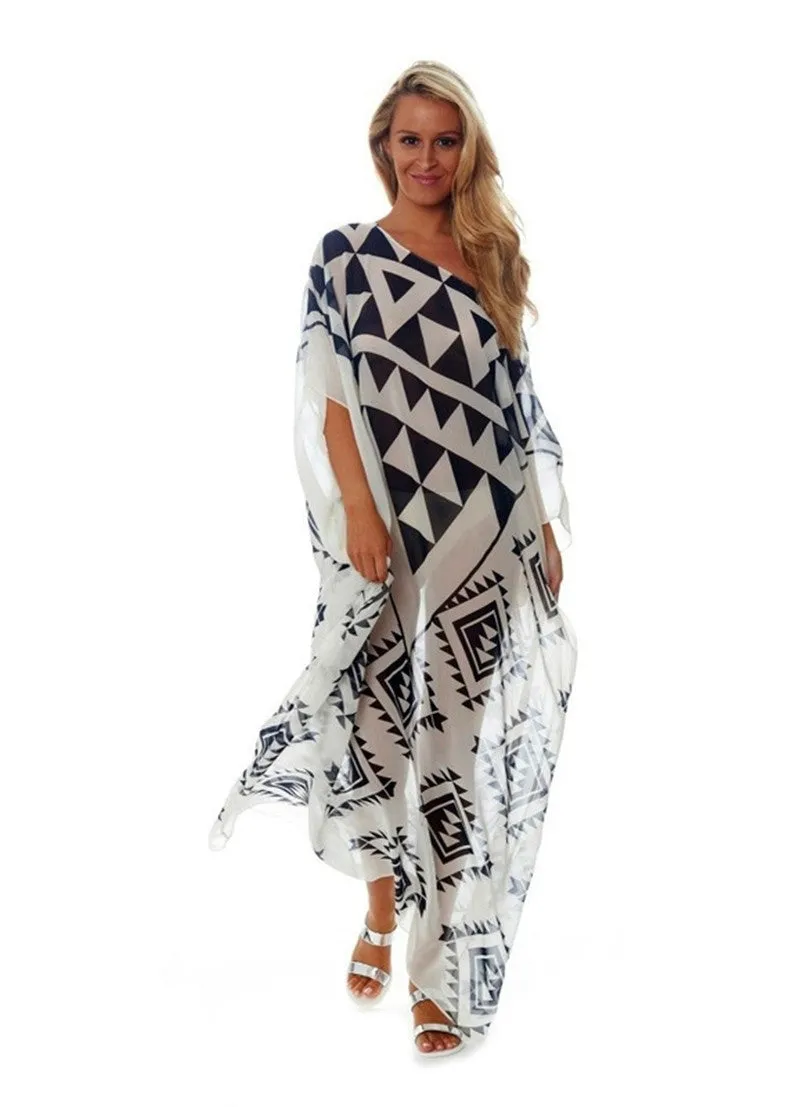 Chiffon Black And White Print Beach Bikini Cover Up