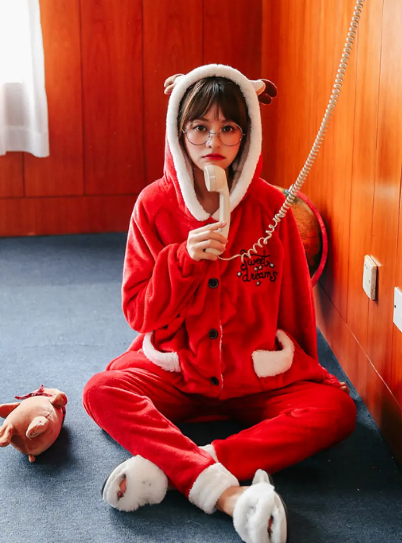 Christmas Reindeer Long Robe Lovely Winter Coral Fleece