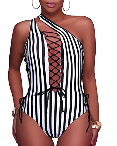 Criss Cross Cut Out Thong One Piece Swimsuits-Blue White Stripe