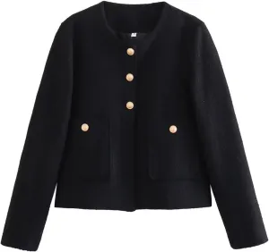 Crop Tweed Blazer Jacket for Women Collarless Open Front Button Business Work Casual Cropped Jacket Coat with Pockets