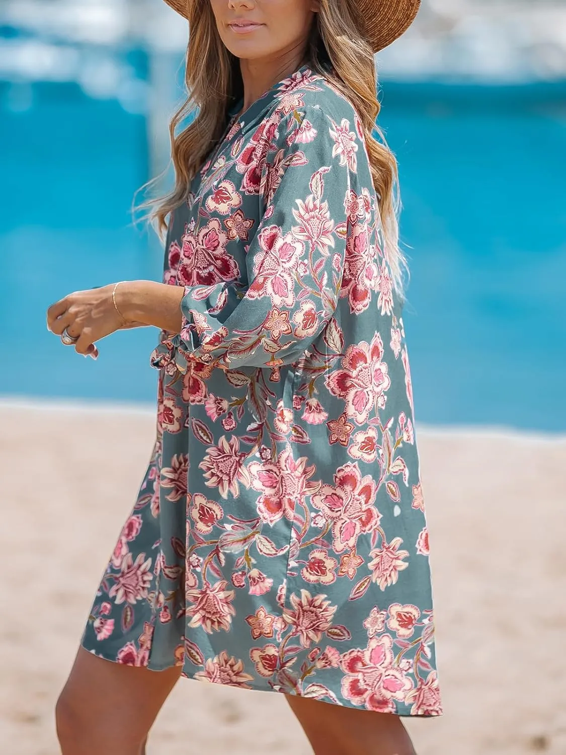 CUPSHE Women Mini Summer Dress Cover Up Oversize Floral Shirt 3/4 Sleeve Cuff Tie Button Down Beach Dresses Cover Up Top