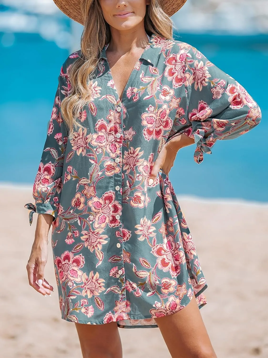 CUPSHE Women Mini Summer Dress Cover Up Oversize Floral Shirt 3/4 Sleeve Cuff Tie Button Down Beach Dresses Cover Up Top