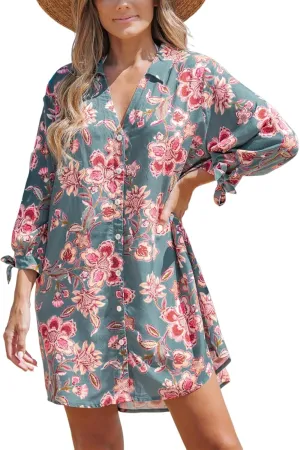 CUPSHE Women Mini Summer Dress Cover Up Oversize Floral Shirt 3/4 Sleeve Cuff Tie Button Down Beach Dresses Cover Up Top
