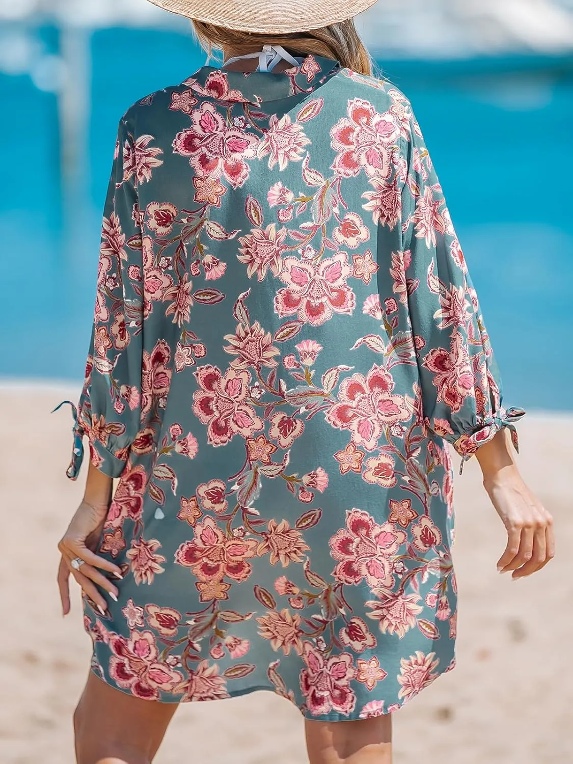 CUPSHE Women Mini Summer Dress Cover Up Oversize Floral Shirt 3/4 Sleeve Cuff Tie Button Down Beach Dresses Cover Up Top