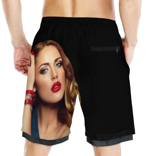 Custom Face Girlfriend Men's Quick Dry 2 in 1 Surfing & Black Beach Shorts Male Gym Fitness Shorts