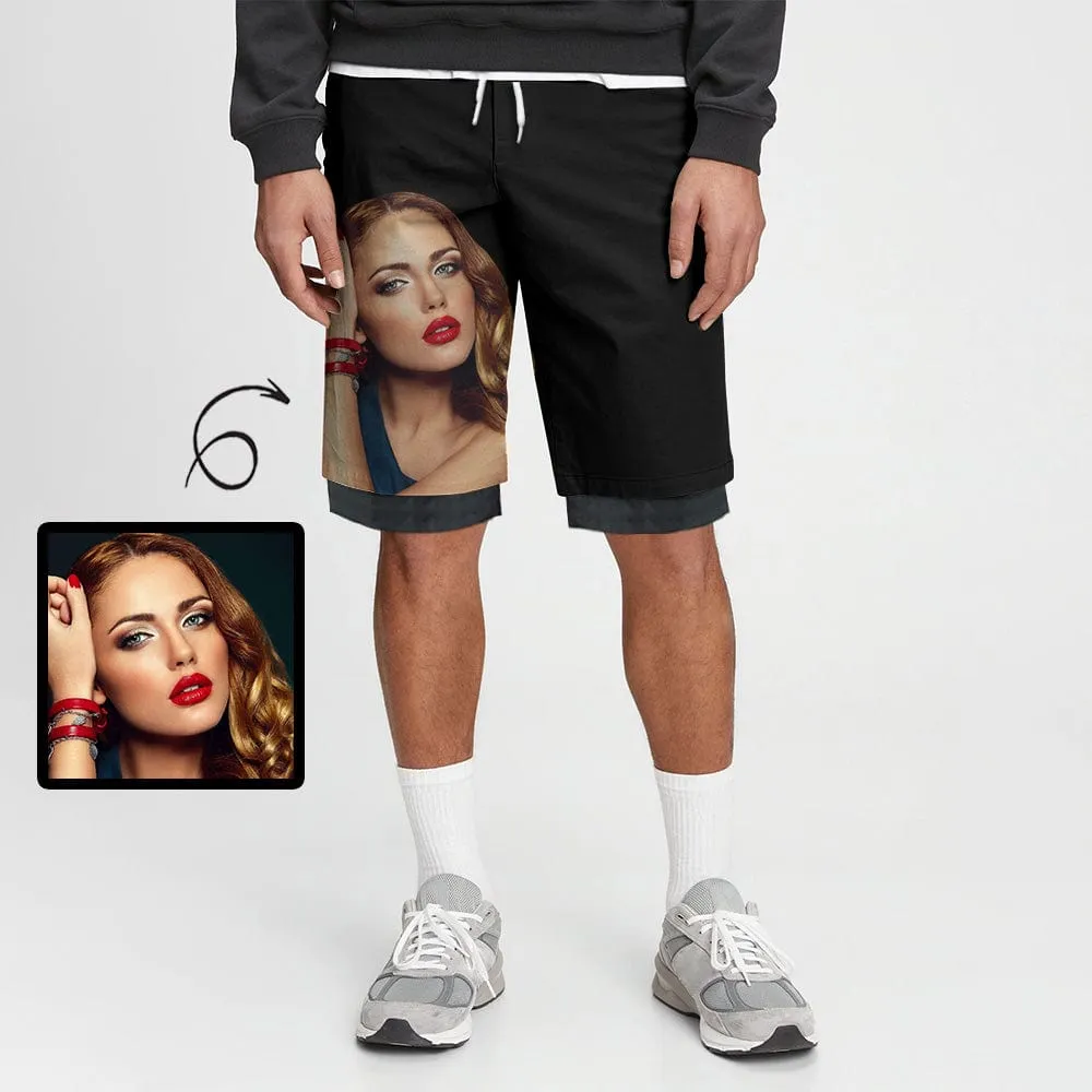 Custom Face Girlfriend Men's Quick Dry 2 in 1 Surfing & Black Beach Shorts Male Gym Fitness Shorts