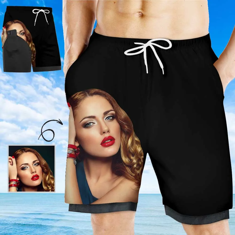 Custom Face Girlfriend Men's Quick Dry 2 in 1 Surfing & Black Beach Shorts Male Gym Fitness Shorts