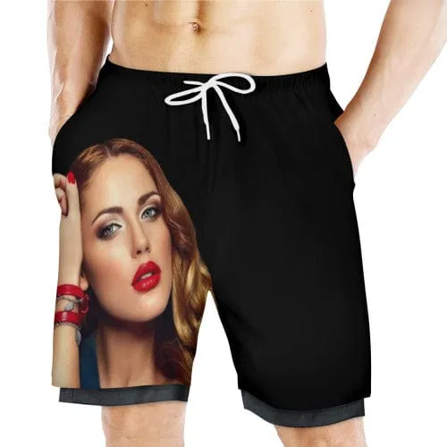 Custom Face Girlfriend Men's Quick Dry 2 in 1 Surfing & Black Beach Shorts Male Gym Fitness Shorts