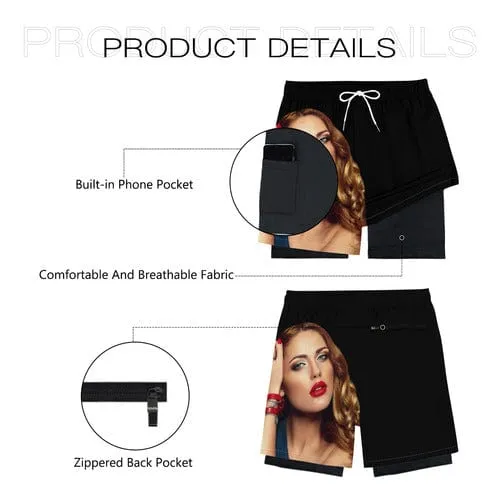 Custom Face Girlfriend Men's Quick Dry 2 in 1 Surfing & Black Beach Shorts Male Gym Fitness Shorts