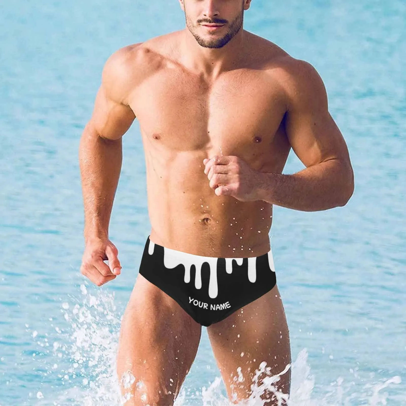 Custom Funny Swim Shorts with Personalized Name Milk Flowing Black Men's Triangle Swim Briefs for Summer Athletic