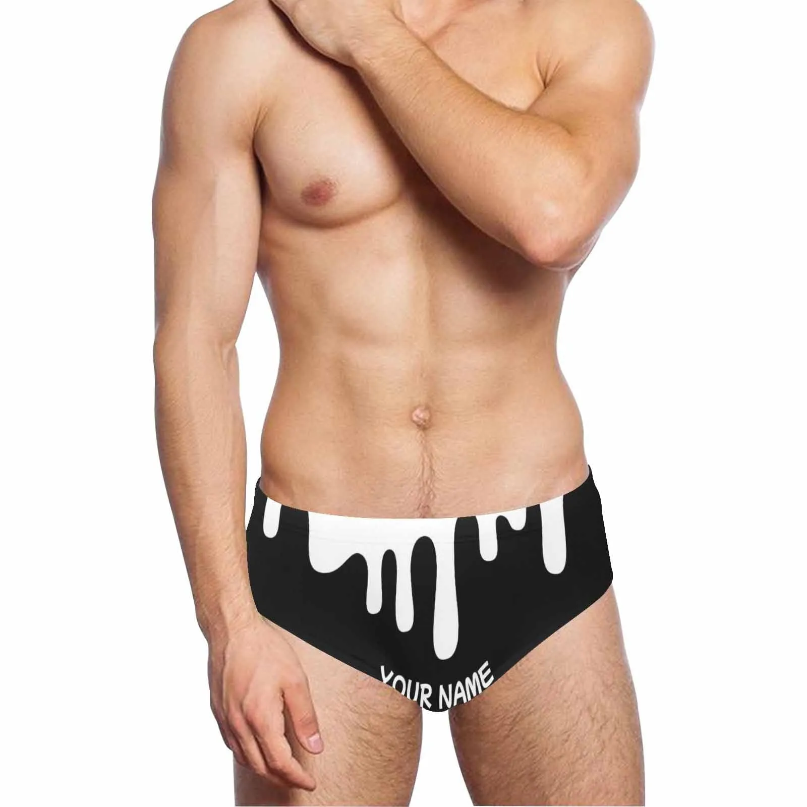 Custom Funny Swim Shorts with Personalized Name Milk Flowing Black Men's Triangle Swim Briefs for Summer Athletic
