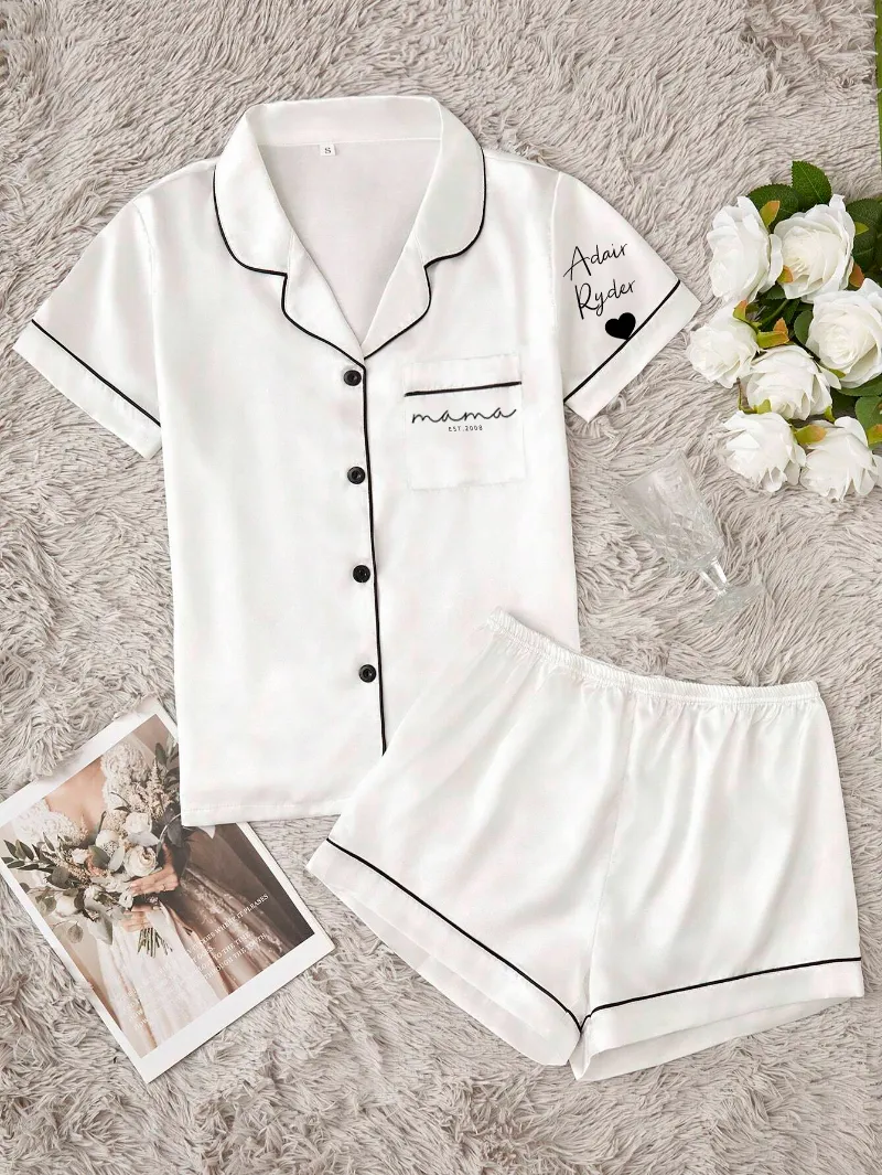 Custom Mama Print White Ice Silk Short Sleeve Top And Shorts, Thin Summer PJ Set, Mothers Day Gift