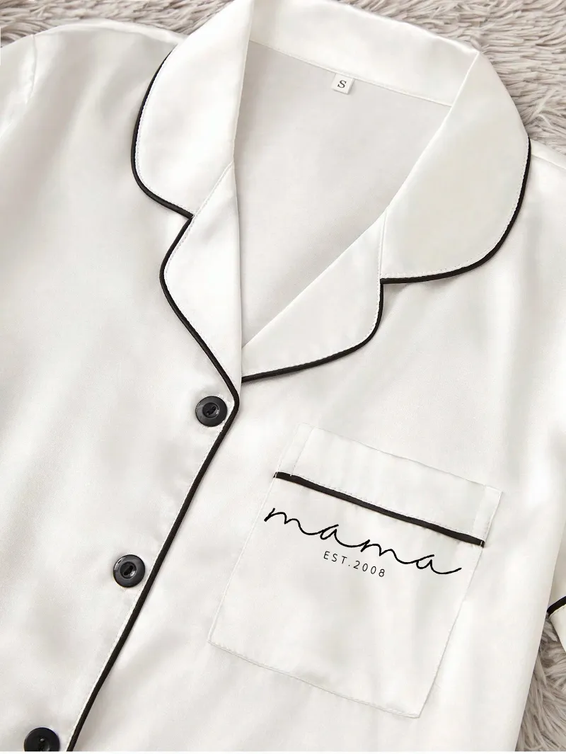 Custom Mama Print White Ice Silk Short Sleeve Top And Shorts, Thin Summer PJ Set, Mothers Day Gift