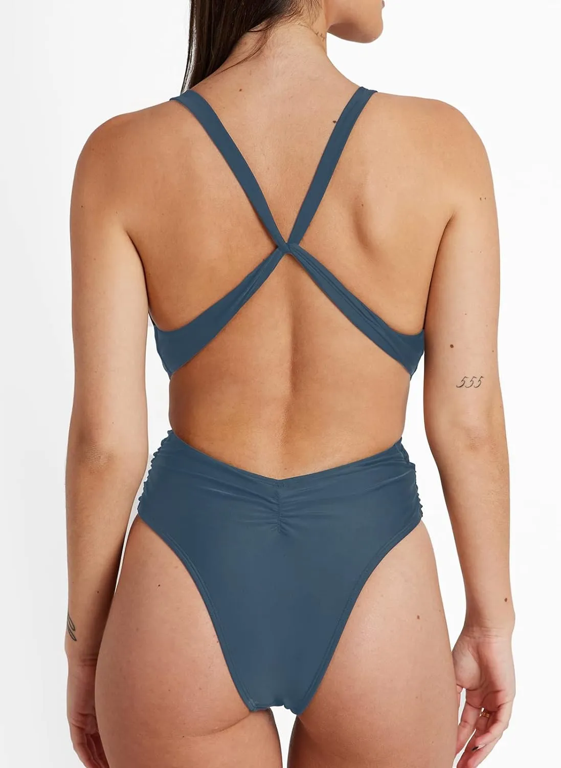 Dusty Blue Cut Out Cross Back Tie Deep V Neck Ruched High Cut