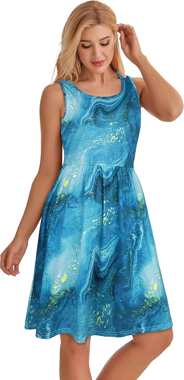 elescat Summer Dresses for Women Casual Sleeveless Tshirt Beach Flowy Tank Sundresses with Pockets