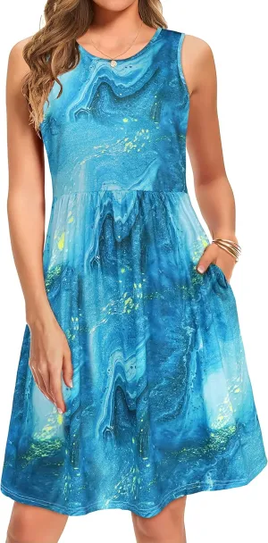 elescat Summer Dresses for Women Casual Sleeveless Tshirt Beach Flowy Tank Sundresses with Pockets