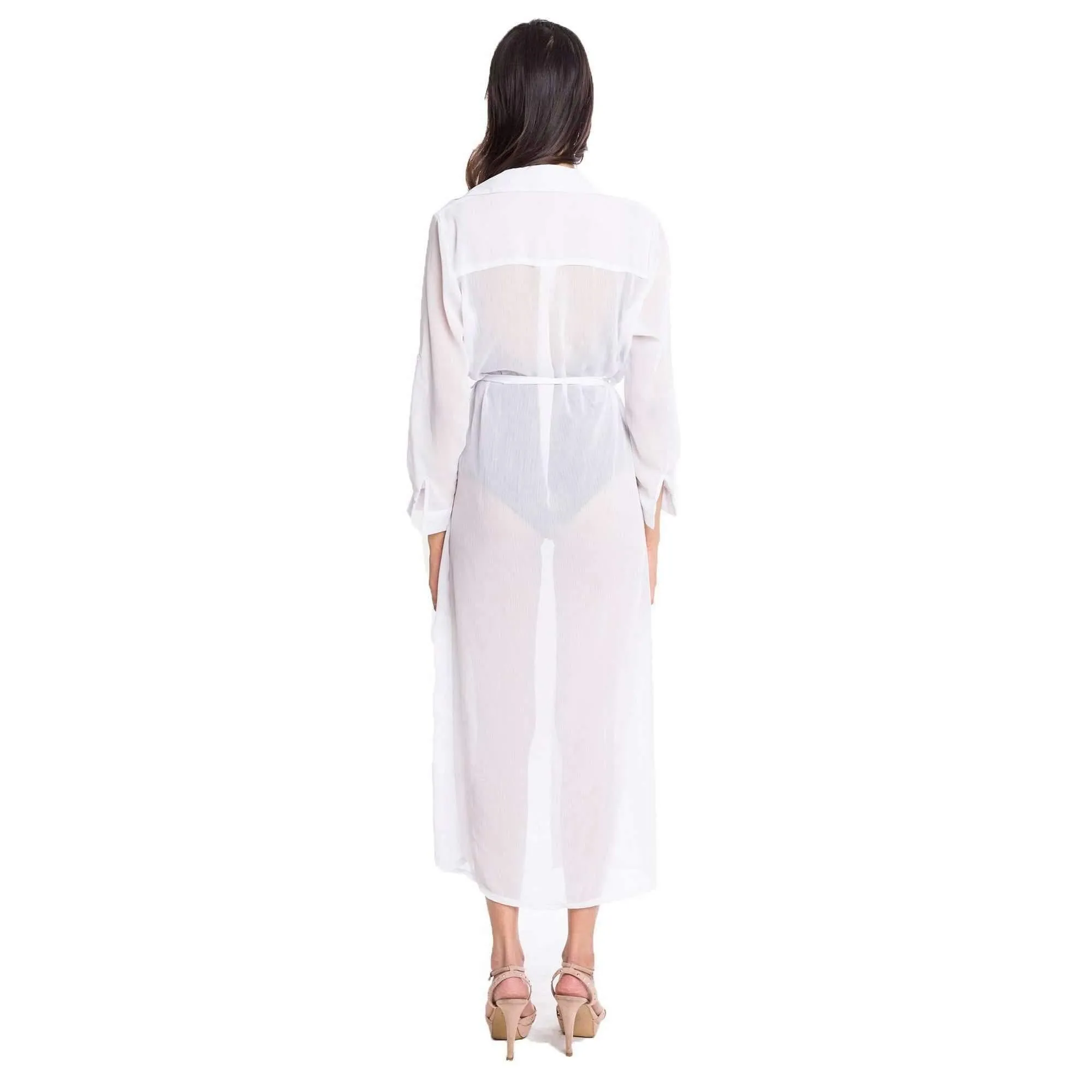 Ellora Chiffon Trench Beach Cover Up Dress in White
