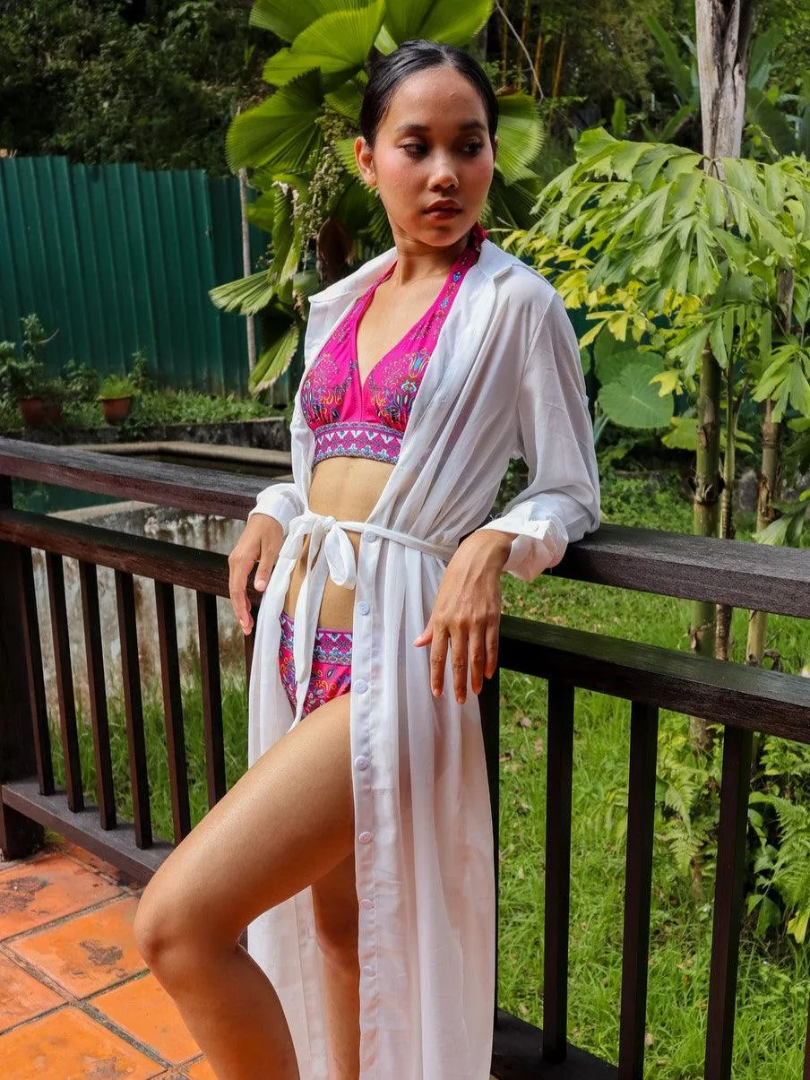 Ellora Chiffon Trench Beach Cover Up Dress in White
